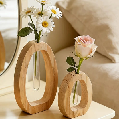 Wooden Hydroponic Plant Vases With Reative Glass Tube