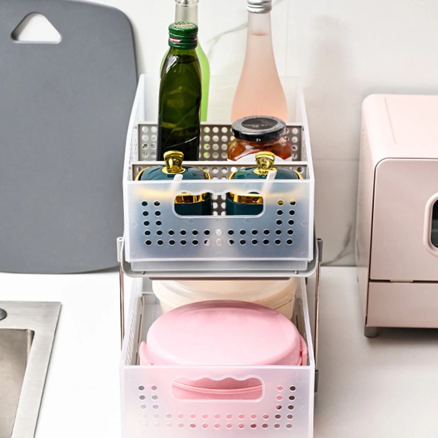 2-Tier Pull Out Cabinet Organizers Portable Easy Access Slide-Out Storage for Kitchen Bathroom and Pantry Storage