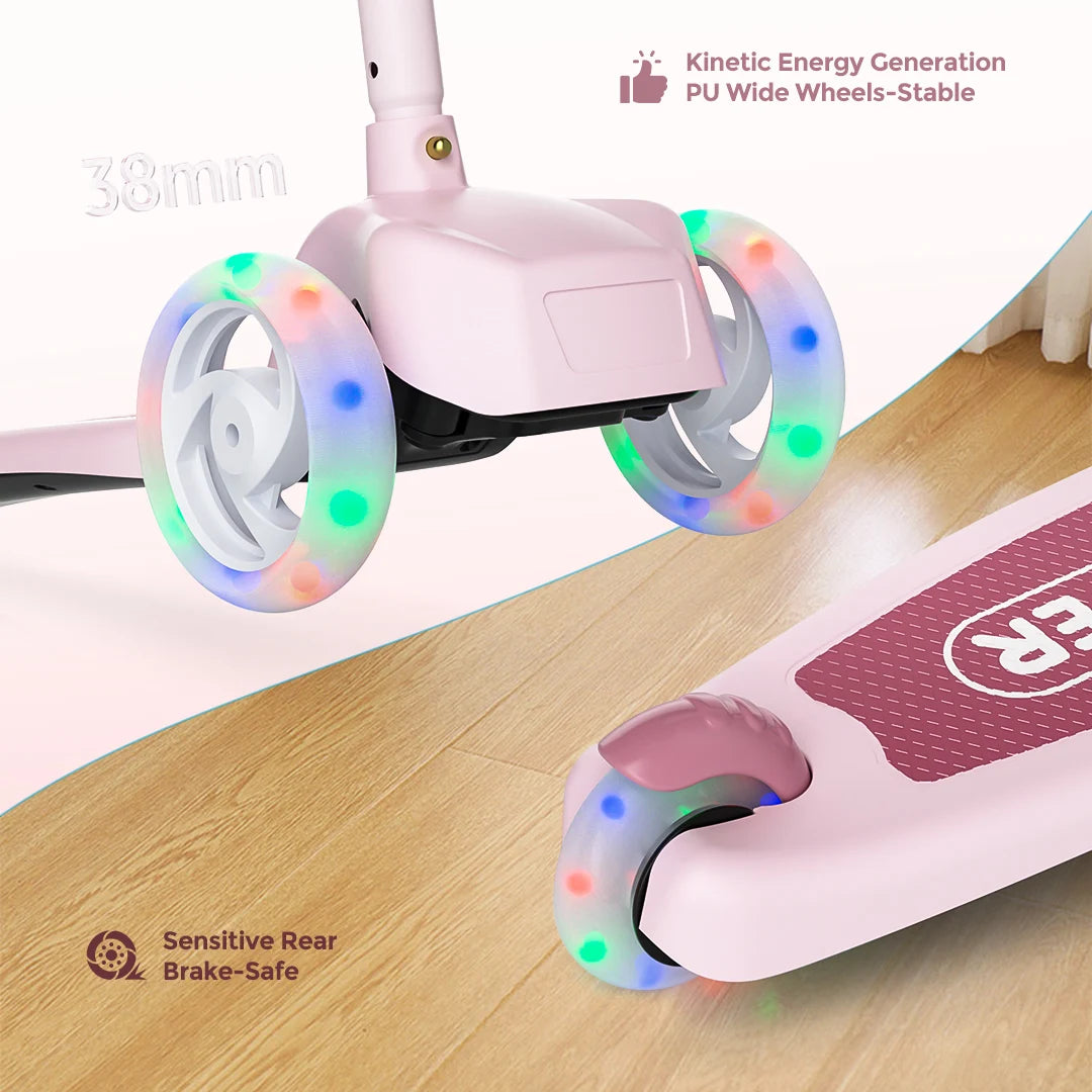 Sejoy Kids Scooter with 3-Wheeled LED Lights,Adjustable Lean-to-Steer Handlebar,Foldable Seat,Sit or Stand Ride,for 3-8 Years