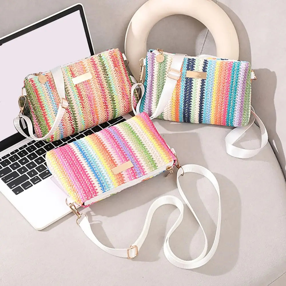 Trendy Colorful Rainbow Woven Bag Adjustable Strap Travel Organizer Girls Shoulder Bag Portable Crossbody Bag Casual Outing