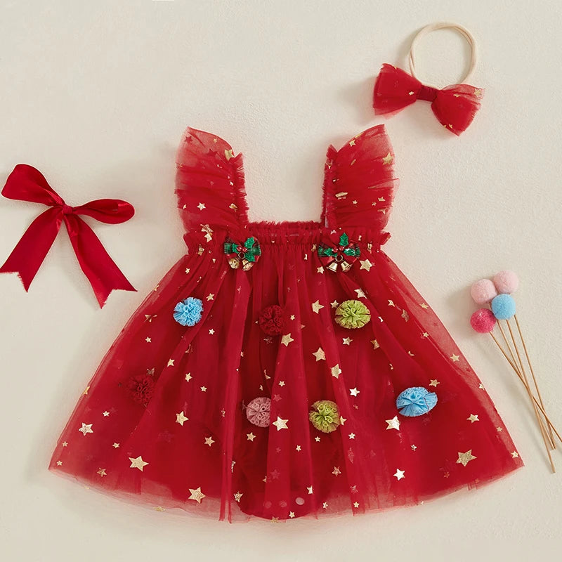 Infant Baby Girl Christmas Outfit Star Flower Green Tutu Christmas Dress Romper Newborn Christmas Clothes Dress