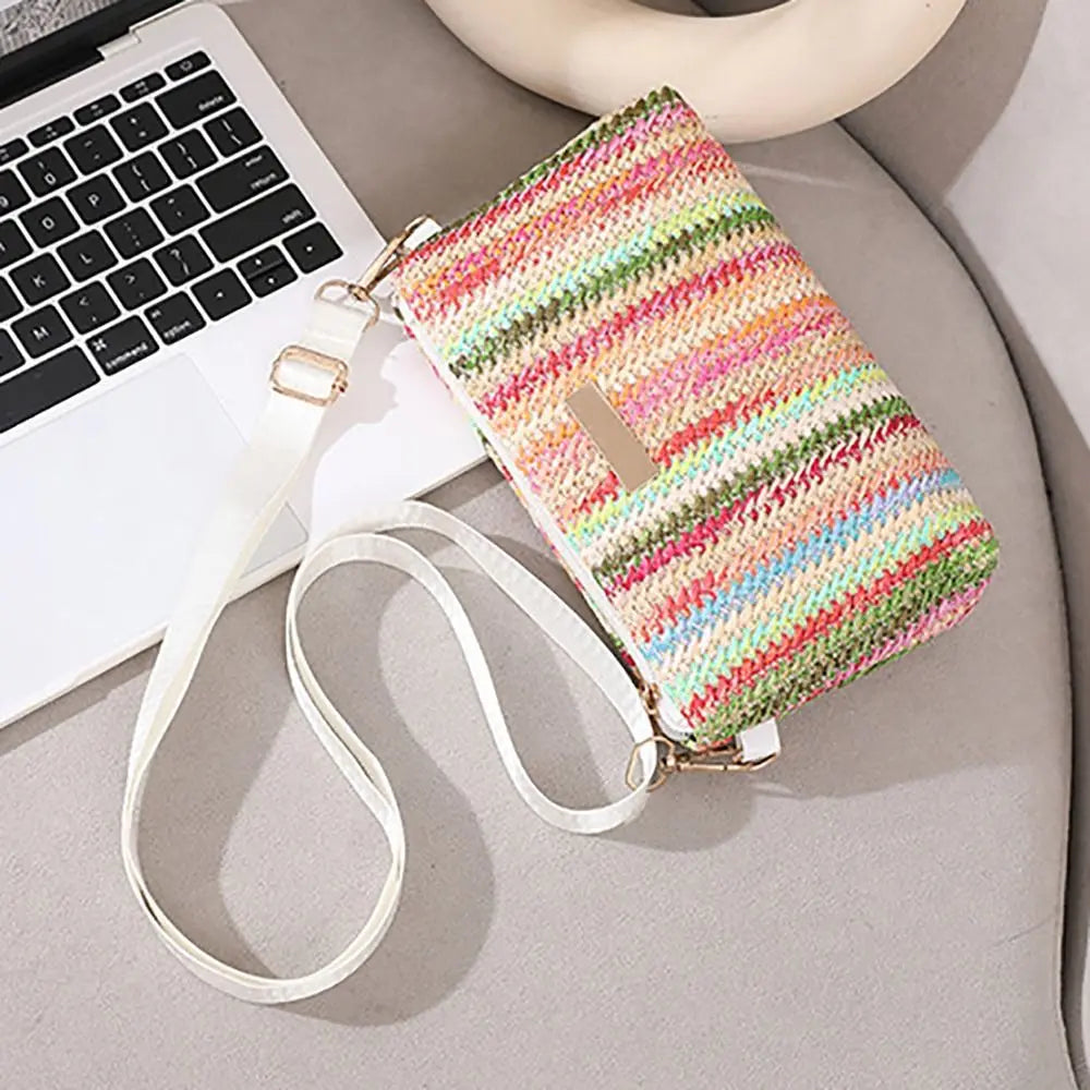 Trendy Colorful Rainbow Woven Bag Adjustable Strap Travel Organizer Girls Shoulder Bag Portable Crossbody Bag Casual Outing