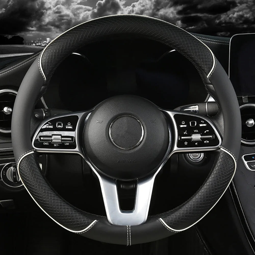 Anti Slip Steering Wheel Cover Leather Breathable Steer Wheel Protector Red Blue Strip Trim Steering Cover for Fits 37.5-38cm