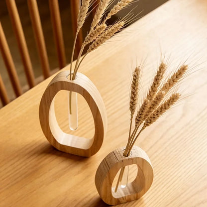 Wooden Hydroponic Plant Vases With Reative Glass Tube