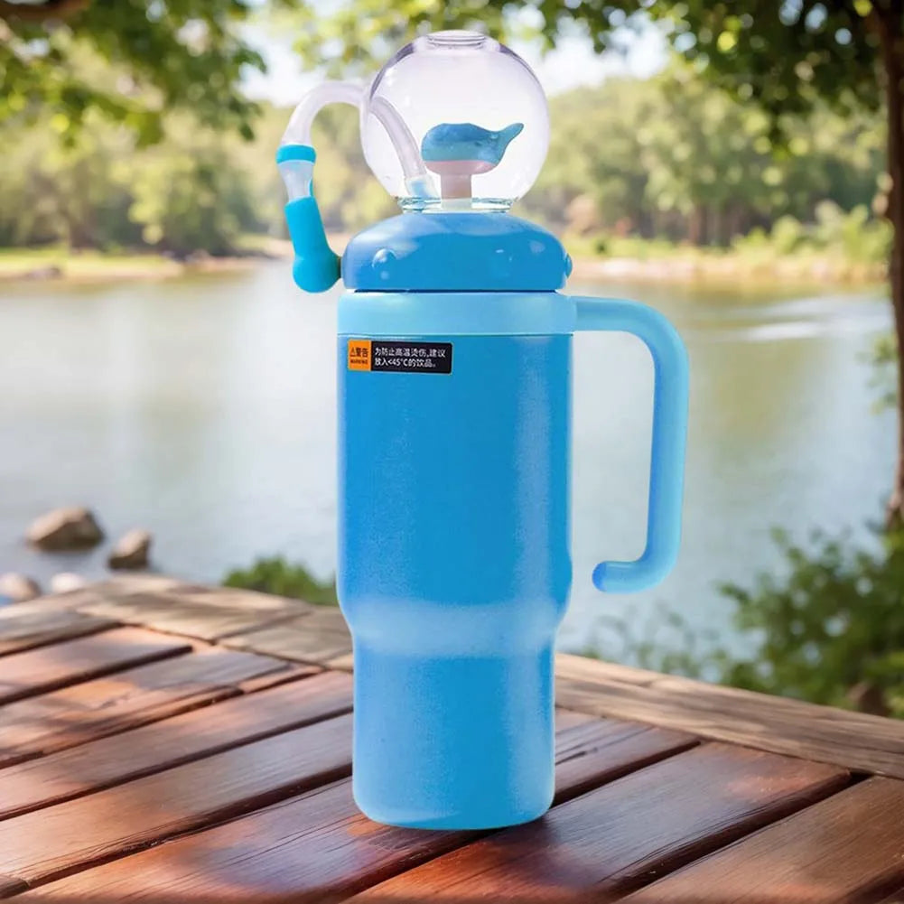 710ML Stainless Steel Whale Fountain Tumbler with Handle Leak Proof Whale Squirt Drinking Cup Water Bottle with Straw Cute Gift