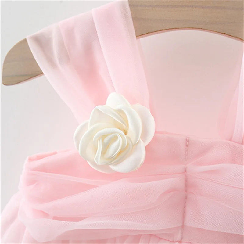 Sweet Flower Fairy Baby Girl Party Dresses Summer Solid Color Mesh Princess Evening Dress Kids Costume 0 to 3 Years Old Children