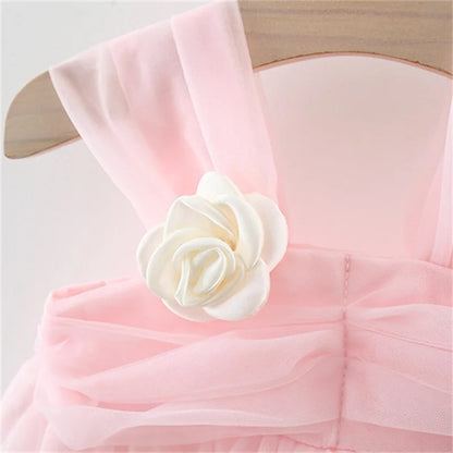 Sweet Flower Fairy Baby Girl Party Dresses Summer Solid Color Mesh Princess Evening Dress Kids Costume 0 to 3 Years Old Children