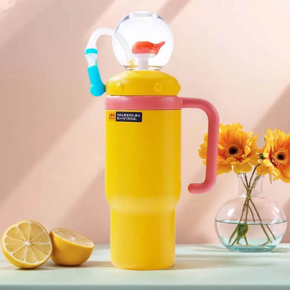 710ML Stainless Steel Whale Fountain Tumbler with Handle Leak Proof Whale Squirt Drinking Cup Water Bottle with Straw Cute Gift