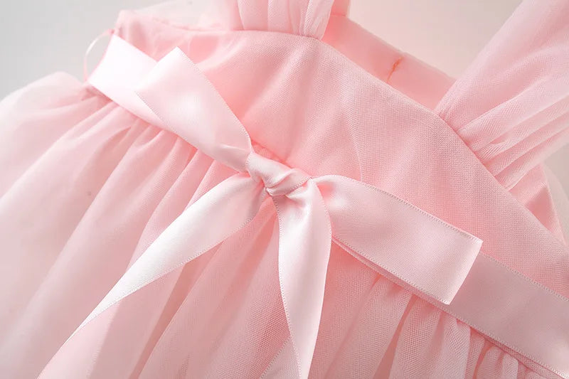 Sweet Flower Fairy Baby Girl Party Dresses Summer Solid Color Mesh Princess Evening Dress Kids Costume 0 to 3 Years Old Children