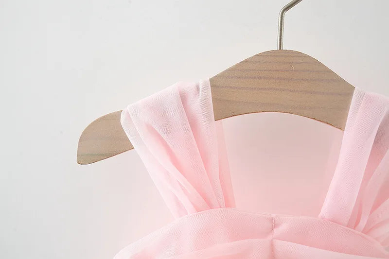 Sweet Flower Fairy Baby Girl Party Dresses Summer Solid Color Mesh Princess Evening Dress Kids Costume 0 to 3 Years Old Children