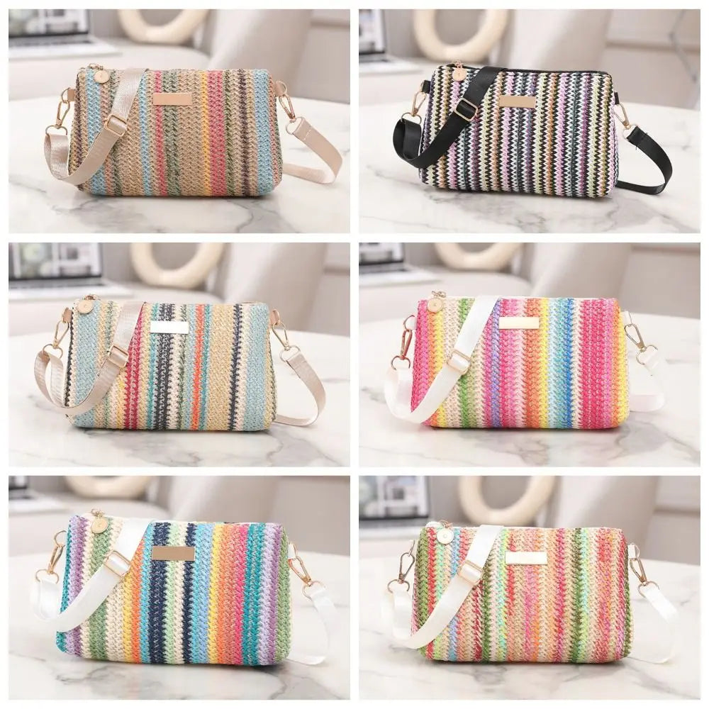 Trendy Colorful Rainbow Woven Bag Adjustable Strap Travel Organizer Girls Shoulder Bag Portable Crossbody Bag Casual Outing
