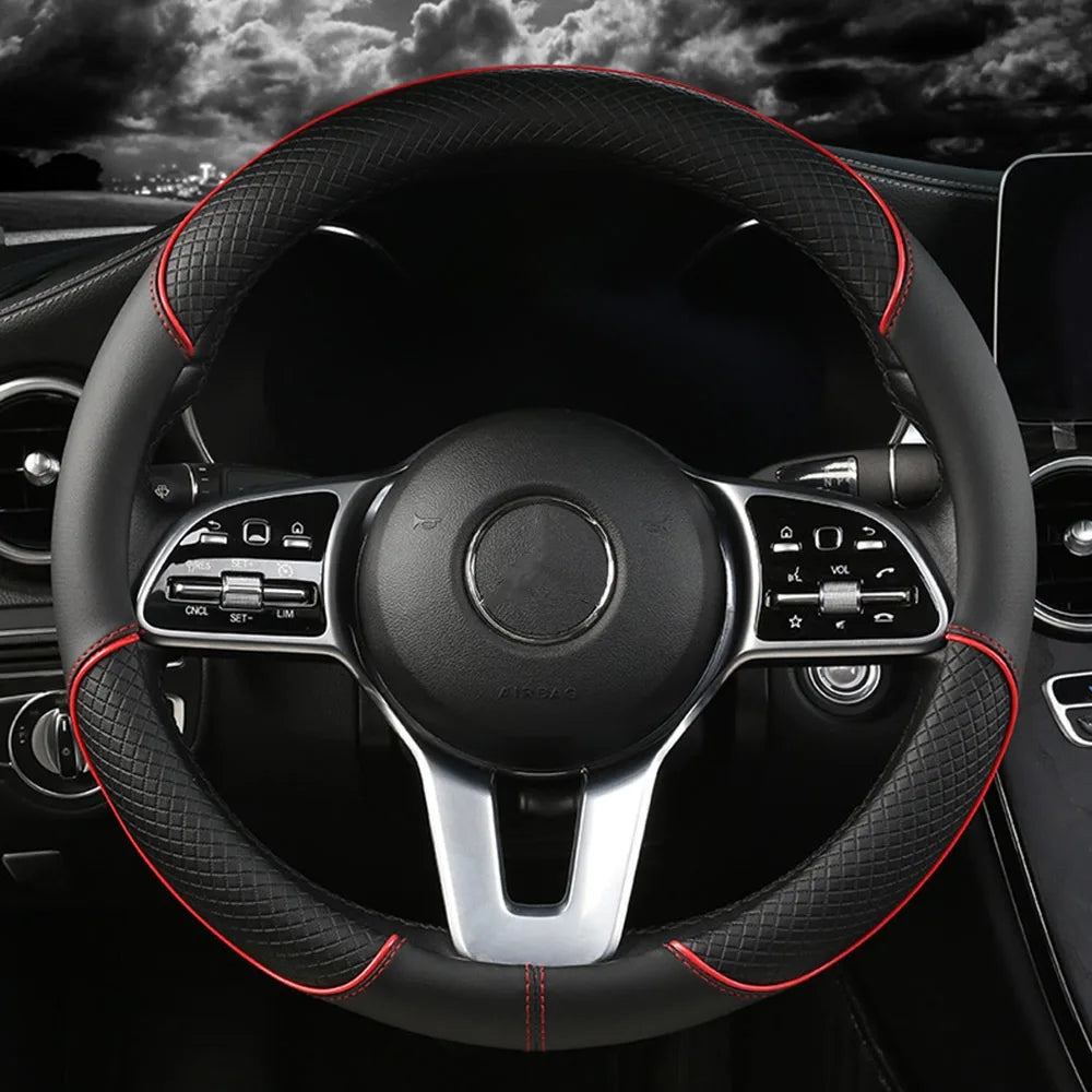 Anti Slip Steering Wheel Cover Leather Breathable Steer Wheel Protector Red Blue Strip Trim Steering Cover for Fits 37.5-38cm