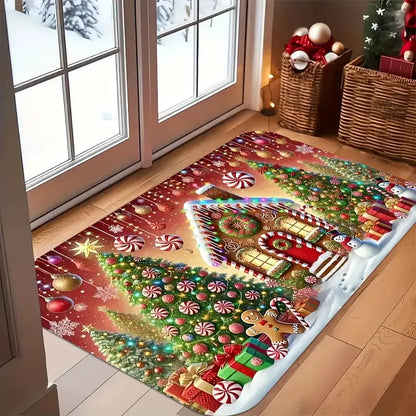 VIKAMA Christmas Doormat, Characteristic Gingerbread House And Tree Design, Made Of Flannel Fabric, Machine Washable-Ideal