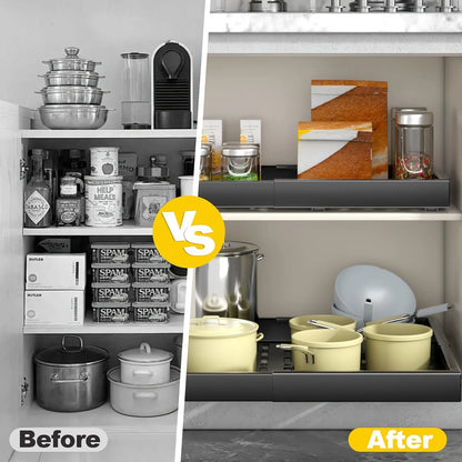 Expandable Pull-Out Drawer / Four-Sided Extendable Adjustment for Expanded Capacity / DIY Installation for Easy Cabinet Storage.