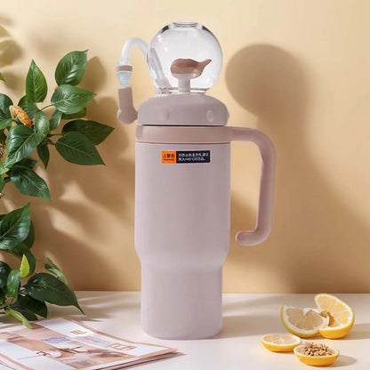710ML Stainless Steel Whale Fountain Tumbler with Handle Leak Proof Whale Squirt Drinking Cup Water Bottle with Straw Cute Gift