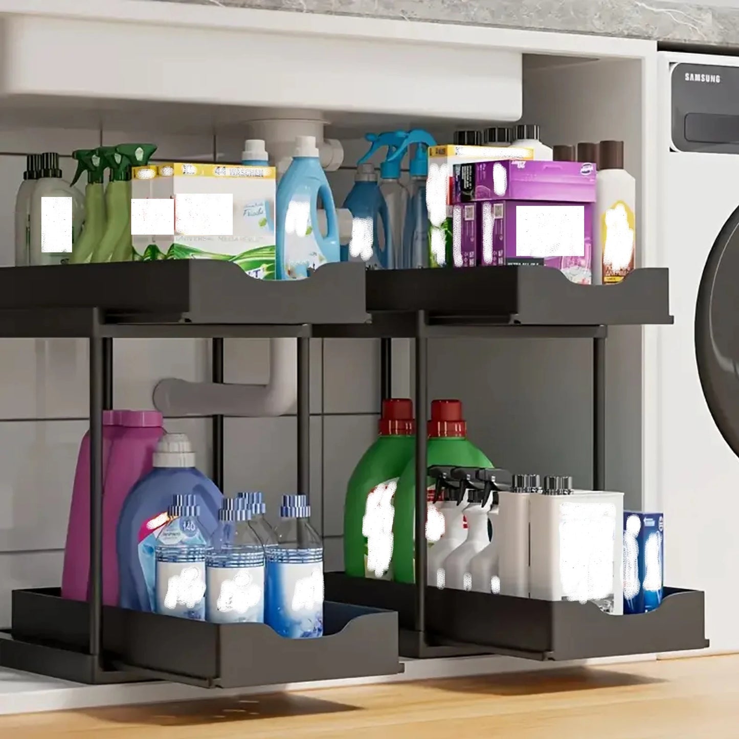 Double-Layer Pull-Out Kitchen Storage Rack, Non-Slip and Stable, Multifunctional Storage Box with Five Hooks, Under-Sink Brush Double-Layer Drawer Storage Rack, Suitable for Kitchen and Bathroom Countertop Sink Storage
