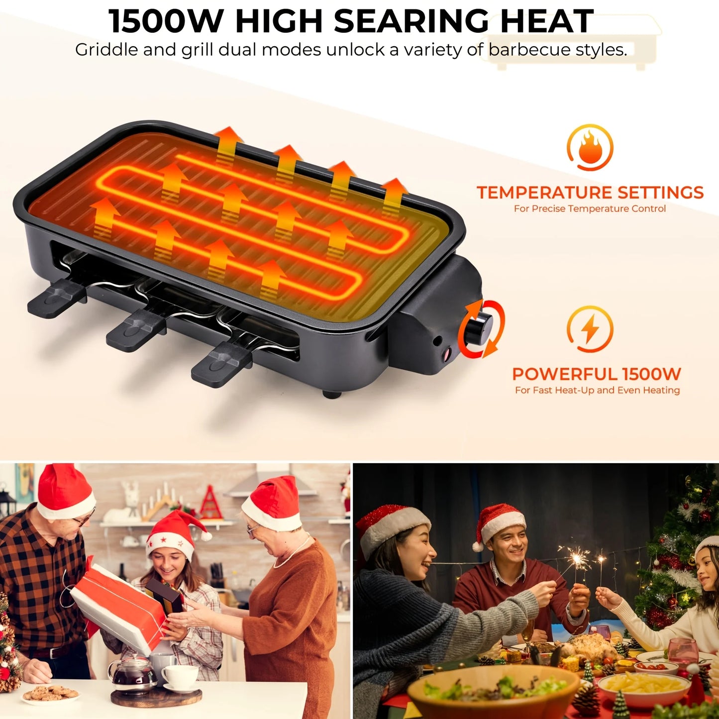 1500W Smokeless Electric Grill with Removable Non-Stick Griddle - Indoor Portable BBQ Grill with Adjustable Temperature Control