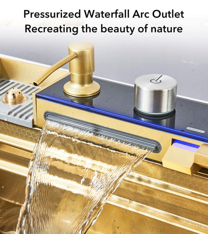 304 Stainless Steel Waterfall Kitchen Sink Large Single Slot Integrated Digital Display Faucet Set Soap Dispenser Cup Washer