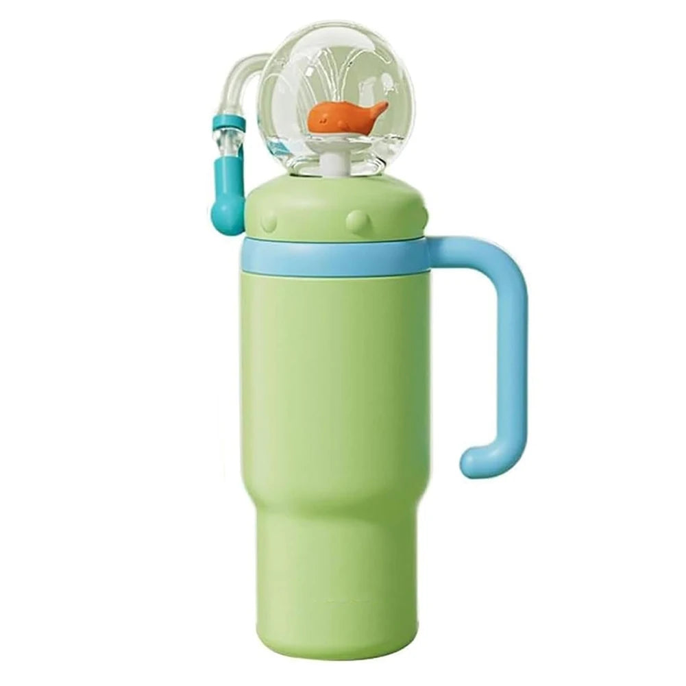 710ML Stainless Steel Whale Fountain Tumbler with Handle Leak Proof Whale Squirt Drinking Cup Water Bottle with Straw Cute Gift