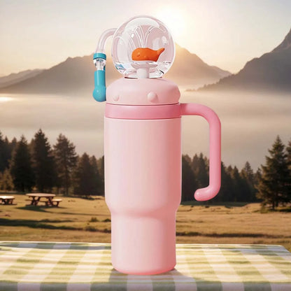 710ML Stainless Steel Whale Fountain Tumbler with Handle Leak Proof Whale Squirt Drinking Cup Water Bottle with Straw Cute Gift