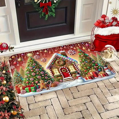VIKAMA Christmas Doormat, Characteristic Gingerbread House And Tree Design, Made Of Flannel Fabric, Machine Washable-Ideal