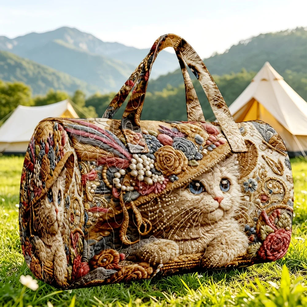 Vintage Cat Printed Quilted Luggage Bag