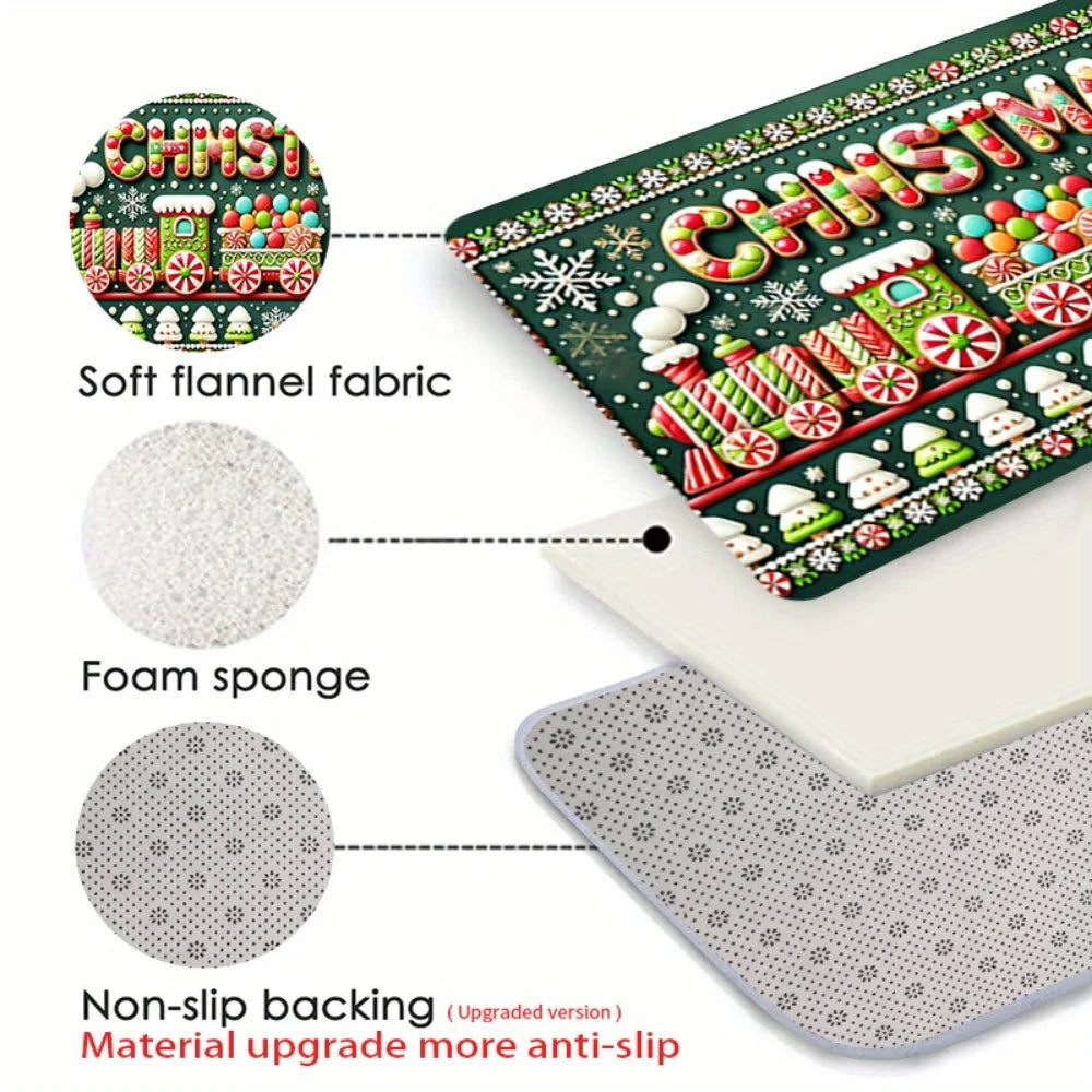 1pc Festive Christmas Door Mat - Non-Slip, Washable Polyester Mat with Candy Canes, Snowflakes, and "Merry Christmas" Design