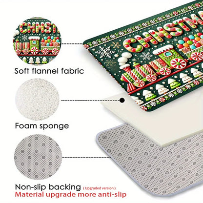 1pc Festive Christmas Door Mat - Non-Slip, Washable Polyester Mat with Candy Canes, Snowflakes, and "Merry Christmas" Design