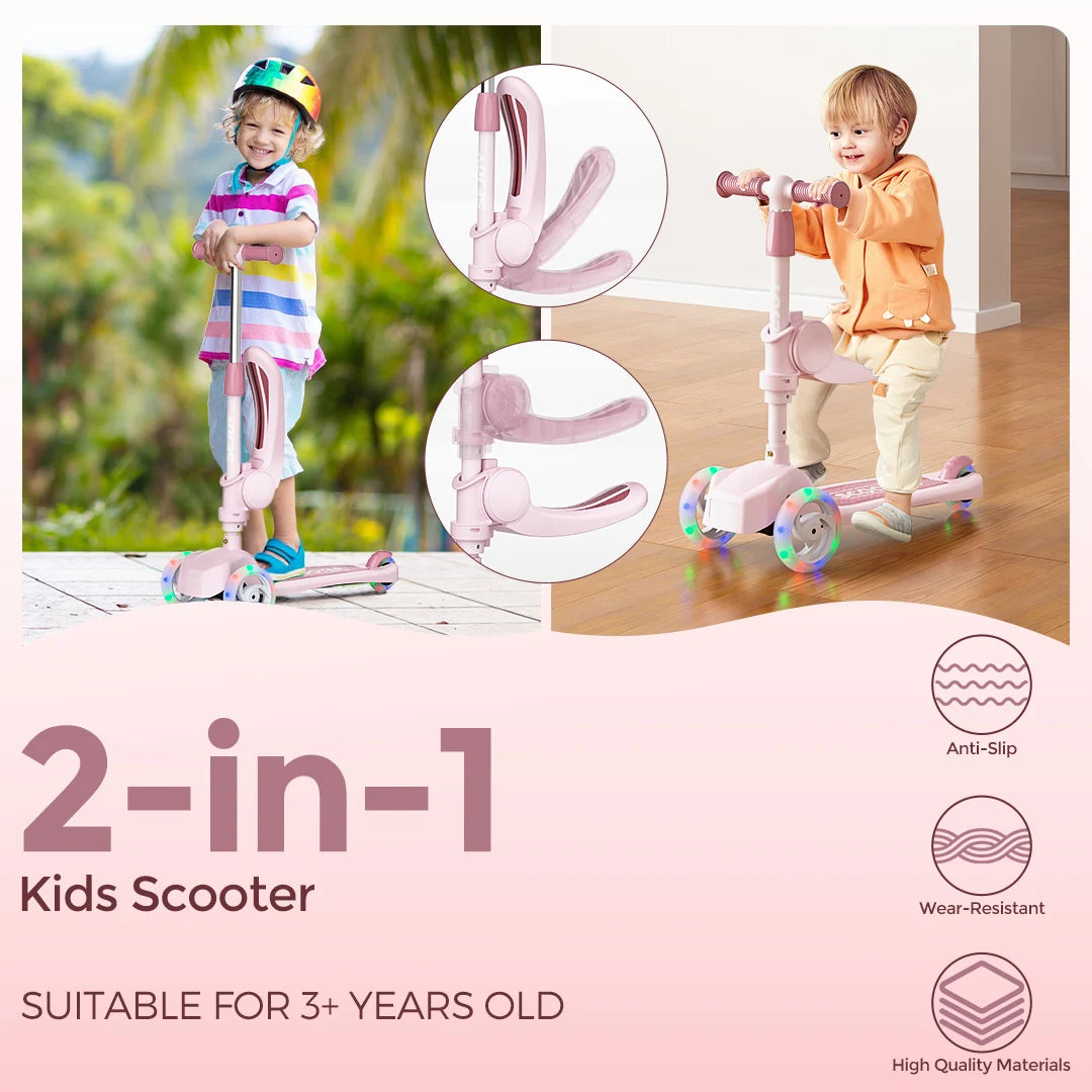 Sejoy Kids Scooter with 3-Wheeled LED Lights,Adjustable Lean-to-Steer Handlebar,Foldable Seat,Sit or Stand Ride,for 3-8 Years