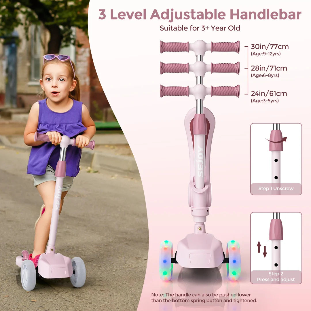 Sejoy Kids Scooter with 3-Wheeled LED Lights,Adjustable Lean-to-Steer Handlebar,Foldable Seat,Sit or Stand Ride,for 3-8 Years