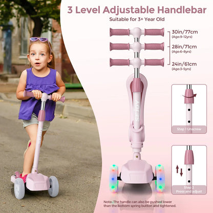 Sejoy Kids Scooter with 3-Wheeled LED Lights,Adjustable Lean-to-Steer Handlebar,Foldable Seat,Sit or Stand Ride,for 3-8 Years