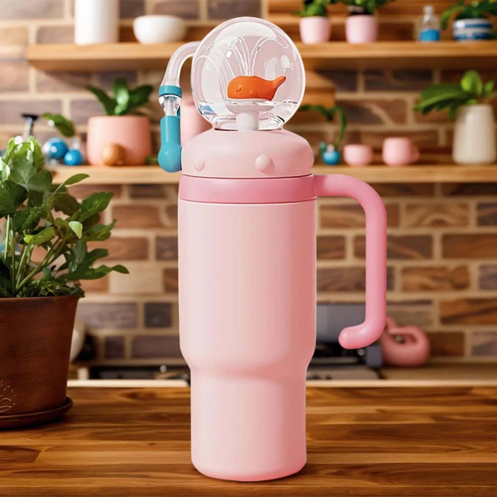 710ML Stainless Steel Whale Fountain Tumbler with Handle Leak Proof Whale Squirt Drinking Cup Water Bottle with Straw Cute Gift