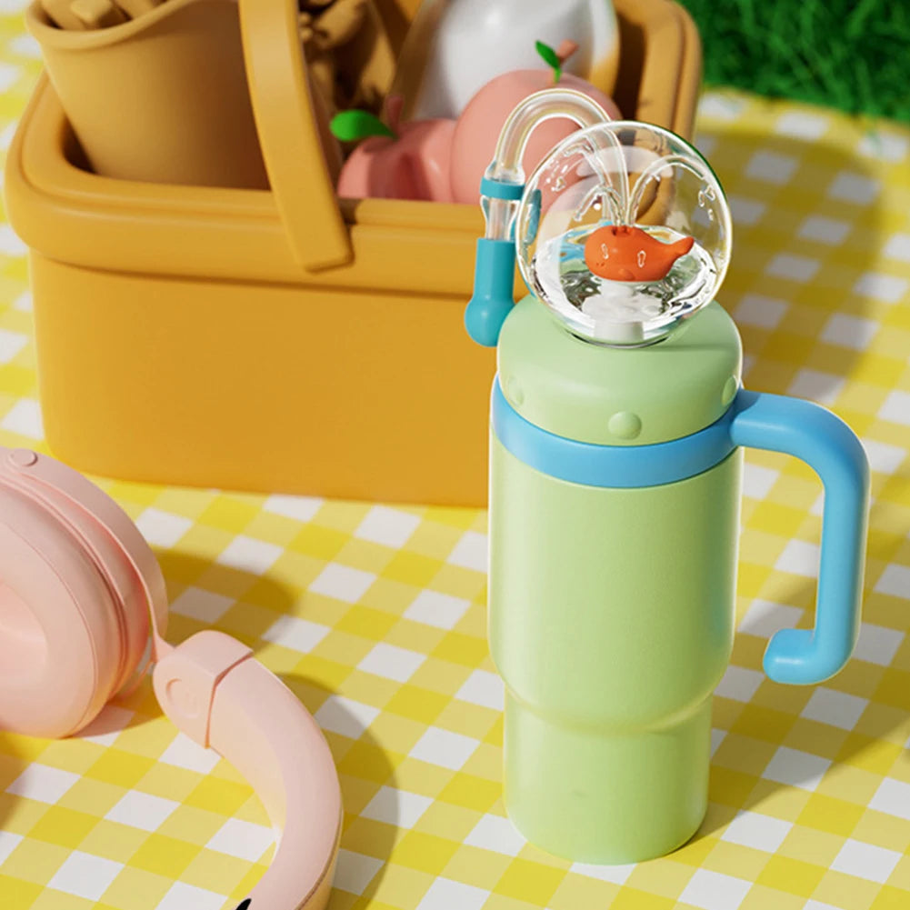 710ML Stainless Steel Whale Fountain Tumbler with Handle Leak Proof Whale Squirt Drinking Cup Water Bottle with Straw Cute Gift