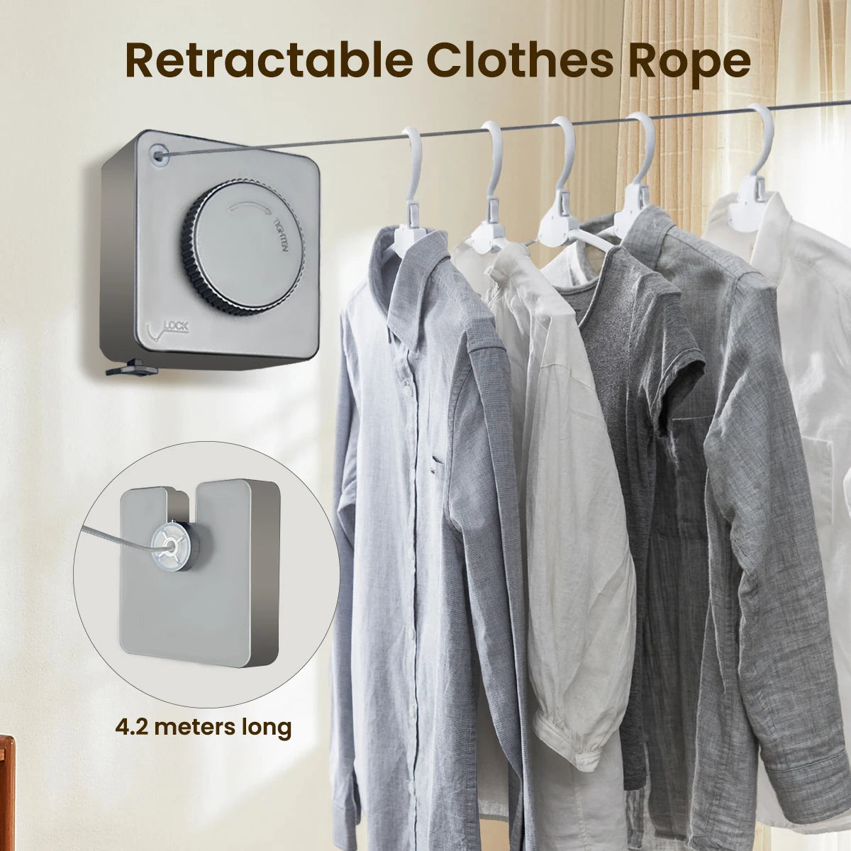 1 Pcs Indoor Retractable Clothesline Non Sagging Outdoor Clothesline Wall Mounted Stainless Steel Rope 15.1 Feet Gray