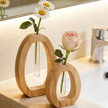Wooden Hydroponic Plant Vases With Reative Glass Tube