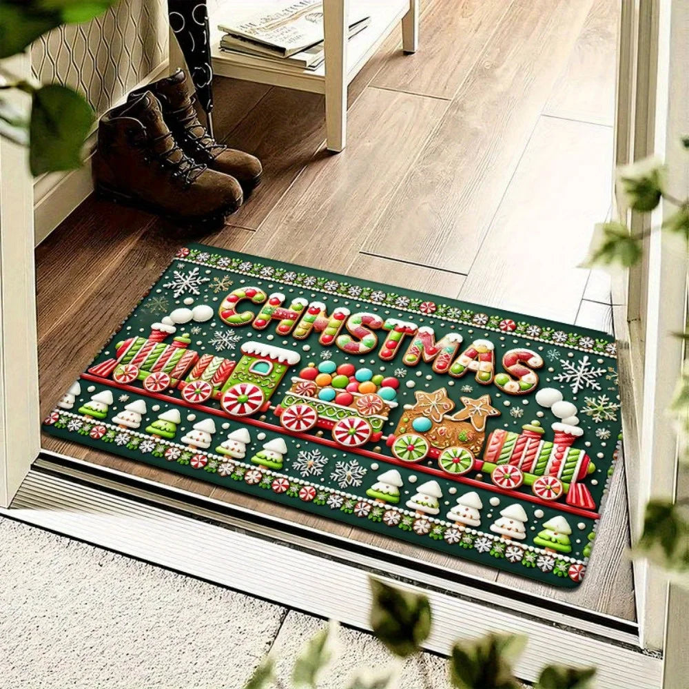 1pc Festive Christmas Door Mat - Non-Slip, Washable Polyester Mat with Candy Canes, Snowflakes, and "Merry Christmas" Design