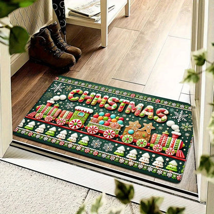 1pc Festive Christmas Door Mat - Non-Slip, Washable Polyester Mat with Candy Canes, Snowflakes, and "Merry Christmas" Design