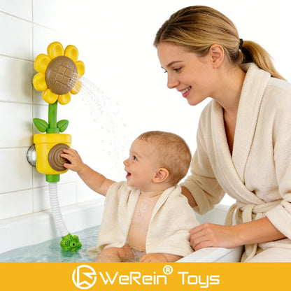 WeRein Sunflower Shaped Manual Press Sprinkler Baby Bath Toy 18M+ Fun Water Pressure Sprayer Primary Colors for Toddlers