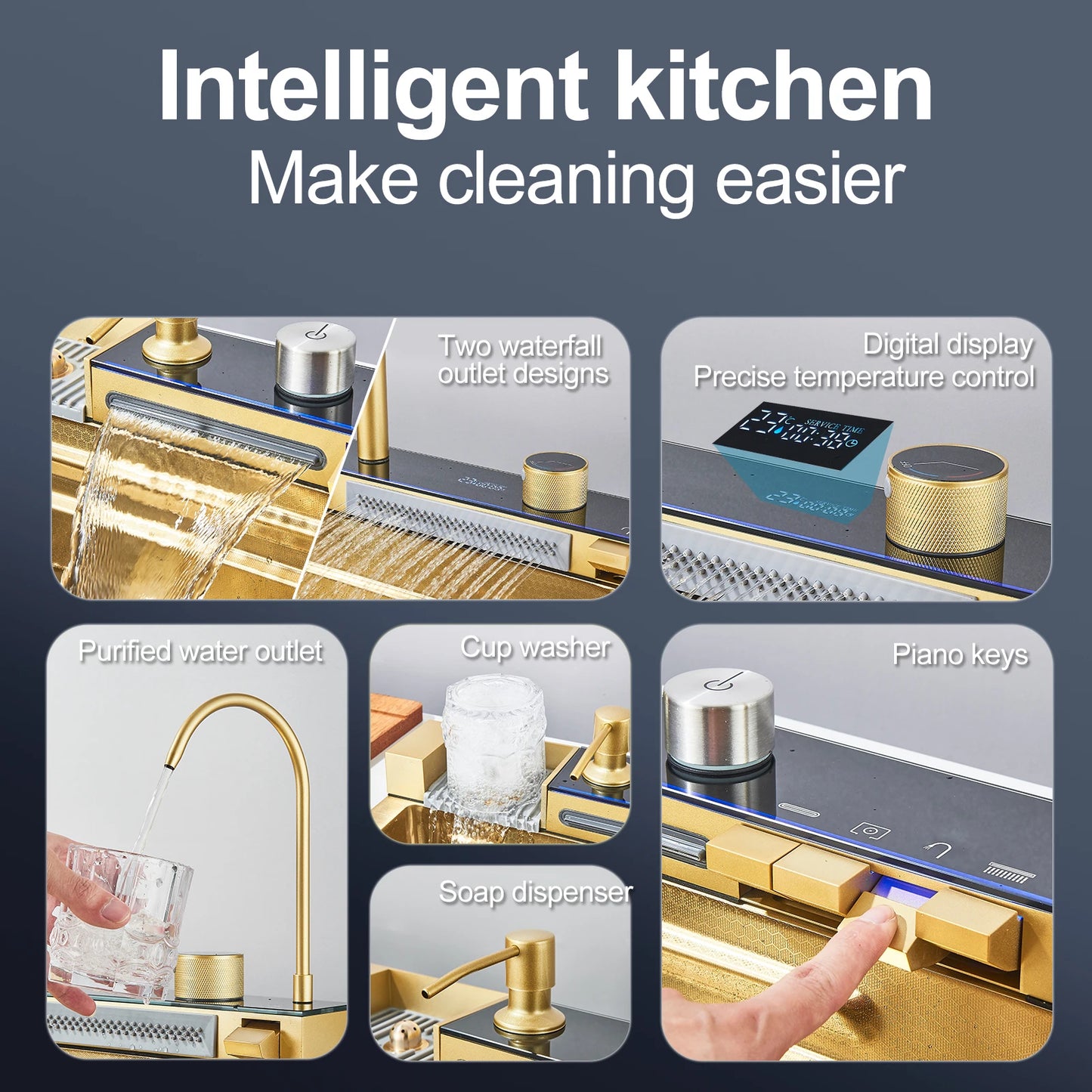 304 Stainless Steel Waterfall Kitchen Sink Large Single Slot Integrated Digital Display Faucet Set Soap Dispenser Cup Washer
