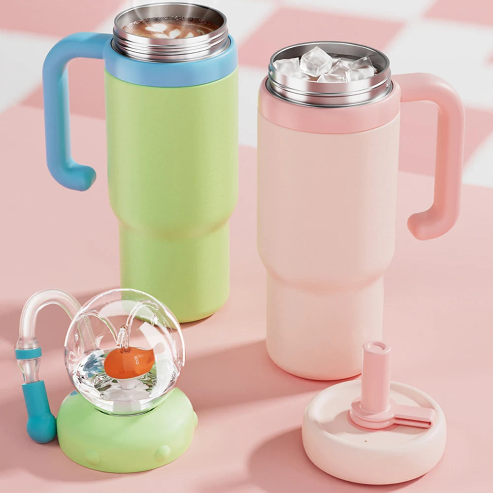 710ML Stainless Steel Whale Fountain Tumbler with Handle Leak Proof Whale Squirt Drinking Cup Water Bottle with Straw Cute Gift