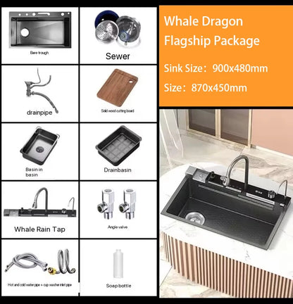 5.0MM Double Waterfall Sink Embossed Stainless Steel Kitchen Sink Large Single Slot Digital Display Wash Basin Dishwashing pond