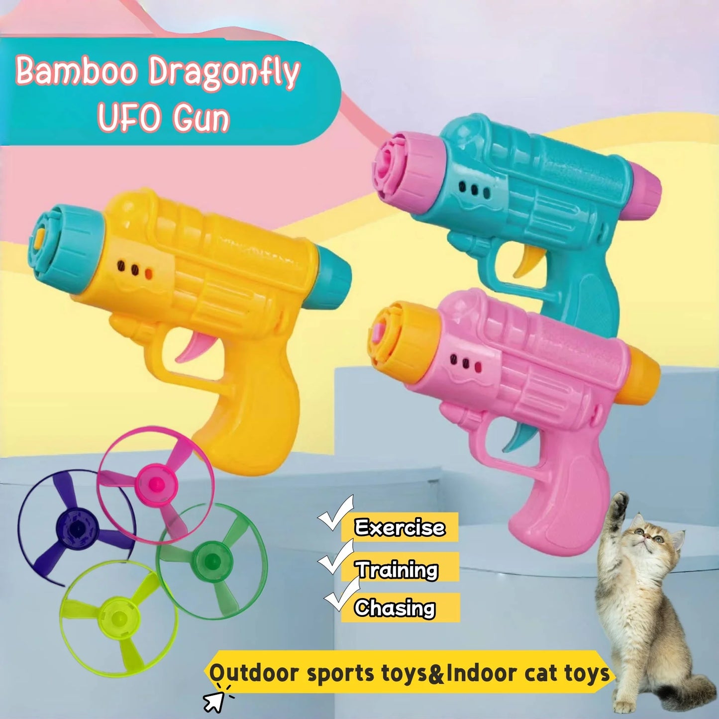 Flying Bamboo Dragonfly Flying Saucer Gun Flying Disc Outdoor Toy Colorful Flying Propellers Toy Set Gift toys for kids and cats
