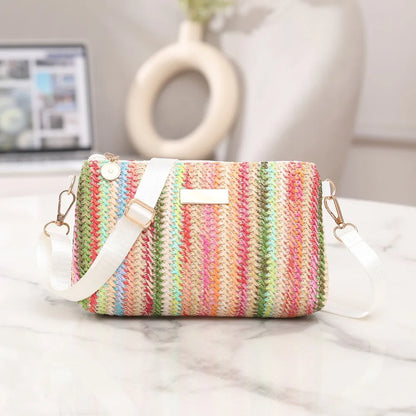 Trendy Colorful Rainbow Woven Bag Adjustable Strap Travel Organizer Girls Shoulder Bag Portable Crossbody Bag Casual Outing