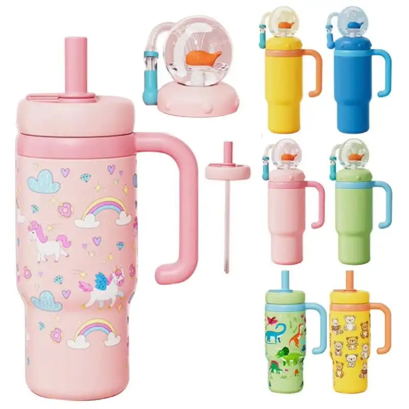 710ML Stainless Steel Whale Fountain Tumbler with Handle Leak Proof Whale Squirt Drinking Cup Water Bottle with Straw Cute Gift