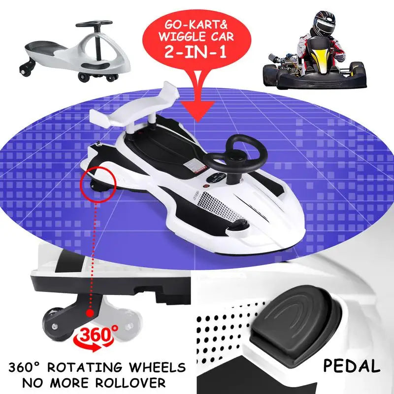 【Akeleo】12V Electric Wiggle Car with Pedal, 2 in 1 Wiggle Car Ride On Toys for Kids Ages 3 and Up, Anti-Rollover Flashing Wheels