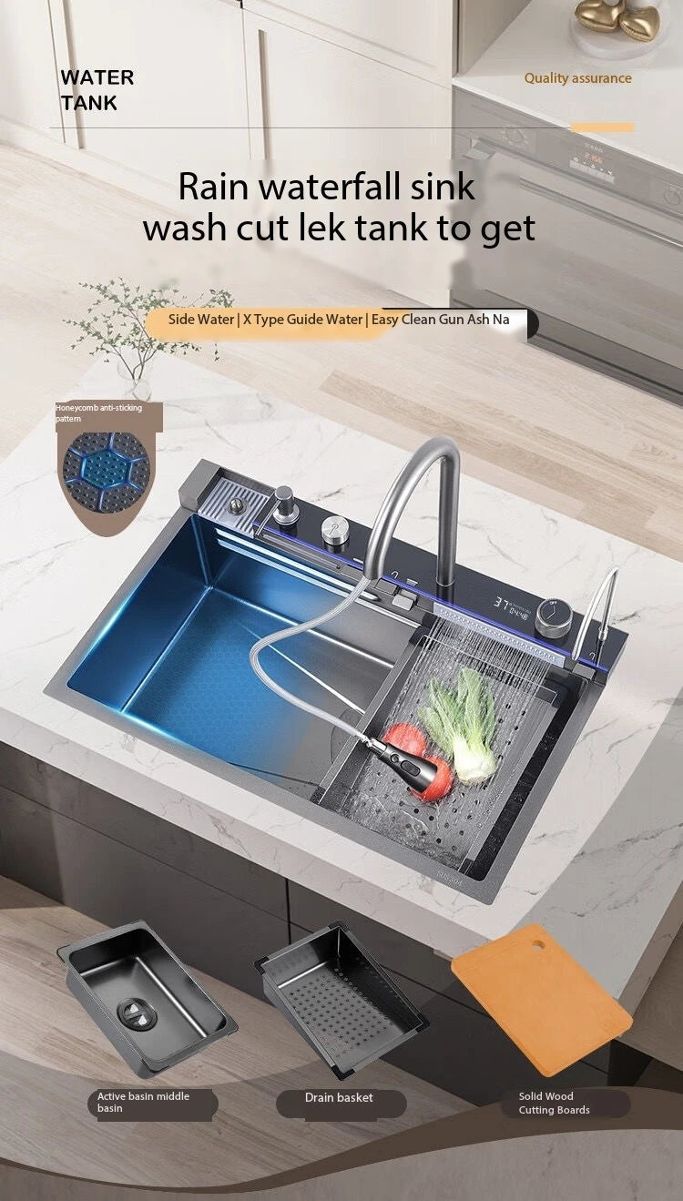 5.0MM Double Waterfall Sink Embossed Stainless Steel Kitchen Sink Large Single Slot Digital Display Wash Basin Dishwashing pond