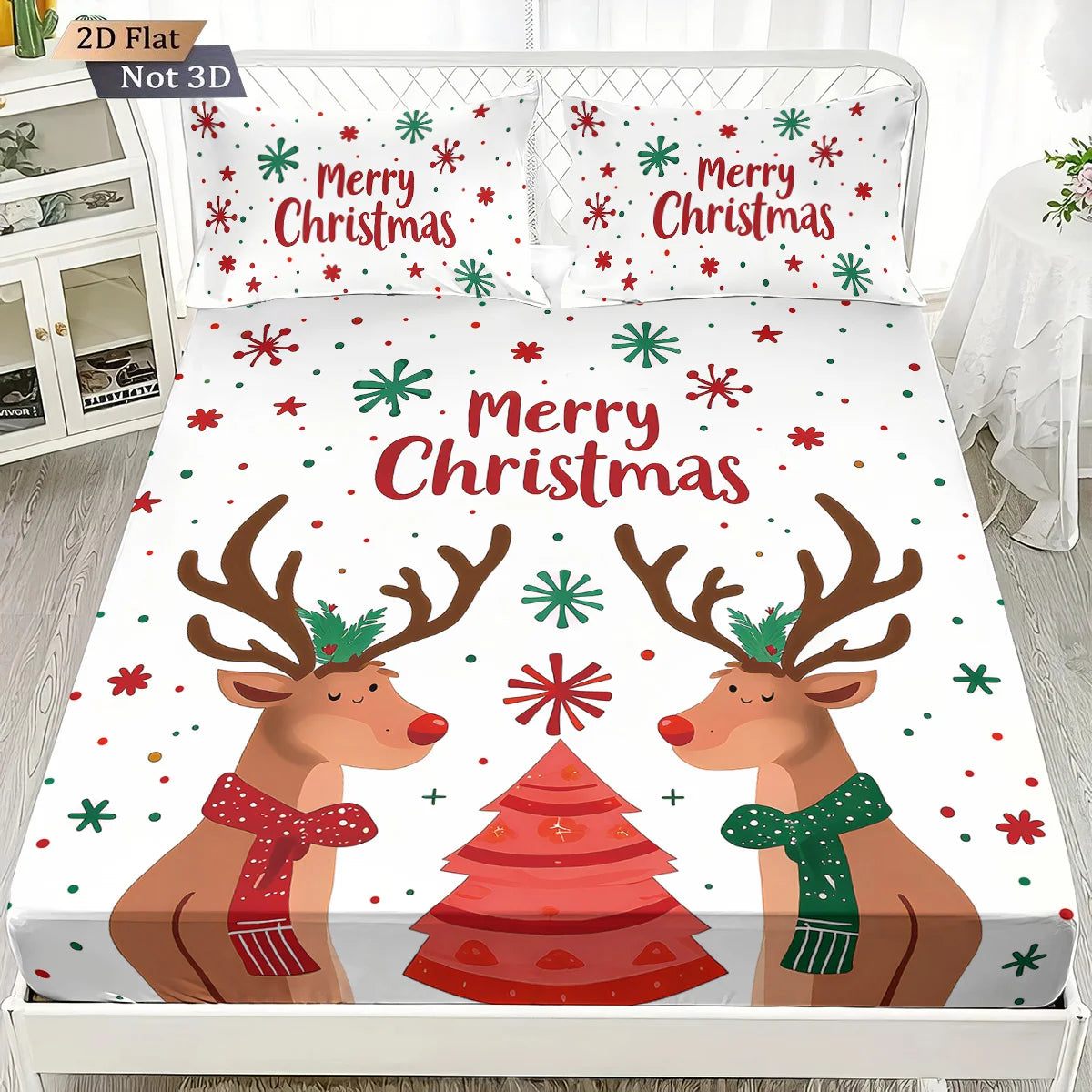 3pcs Christmas reindeer print coreless bed sheet set, multi size soft bed cover, bedroom bedding decoration, machine washable