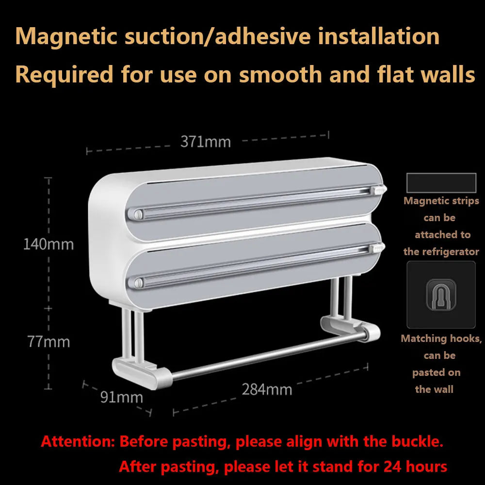 Plastic Wrap Dispenser 3in1 Magnetic & Self adhesive Cling Film Dispenser Cutter Kitchen Tool Aluminum Foil Baking Paper Cutter