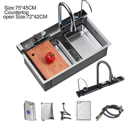 304 Stainless Steel Waterfall Kitchen Sink Large Single Slot Integrated Digital Display Faucet Set Soap Dispenser Cup Washer