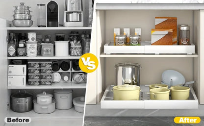 Expandable Pull-Out Drawer / Four-Sided Extendable Adjustment for Expanded Capacity / DIY Installation for Easy Cabinet Storage.